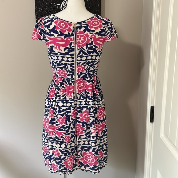 Anthropologie Maeve Peralta pink and blue bird patterned midi Dress Sz 2 - Picture 5 of 11